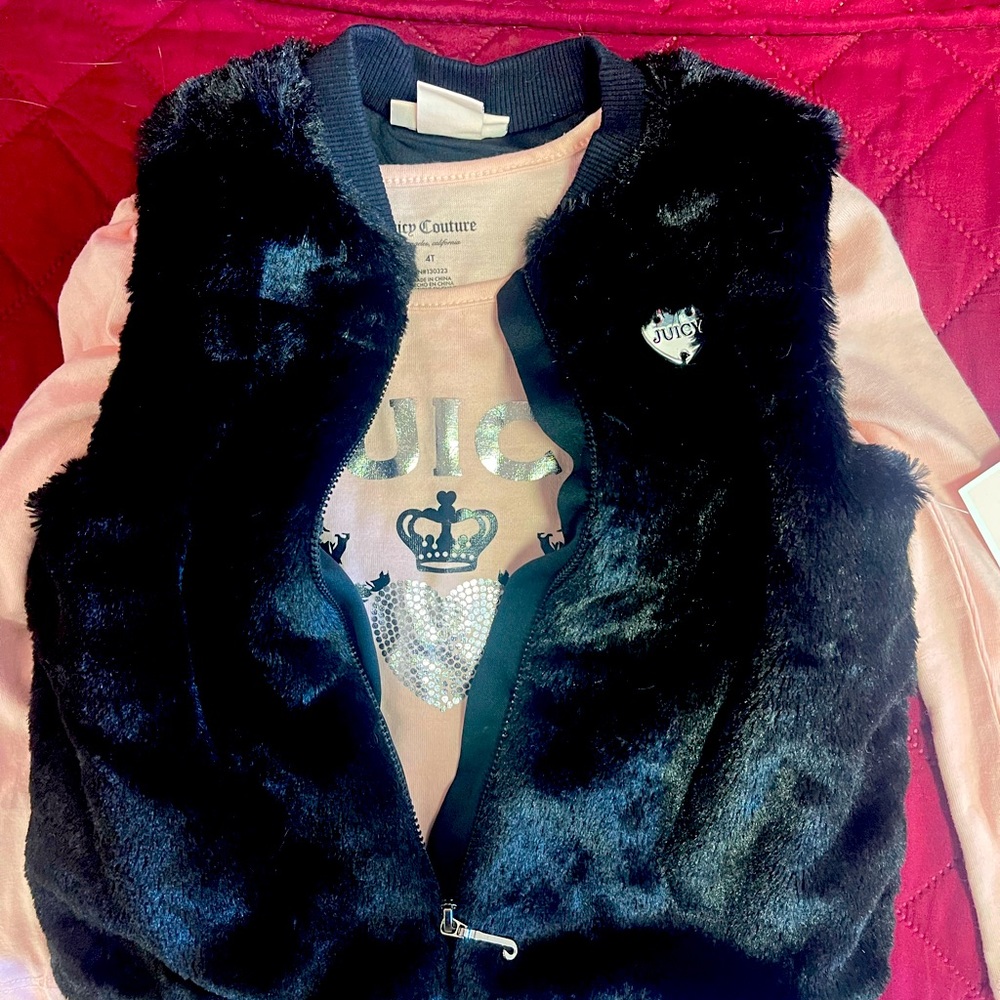 Juicy Couture fax black vest over pink top with black pants